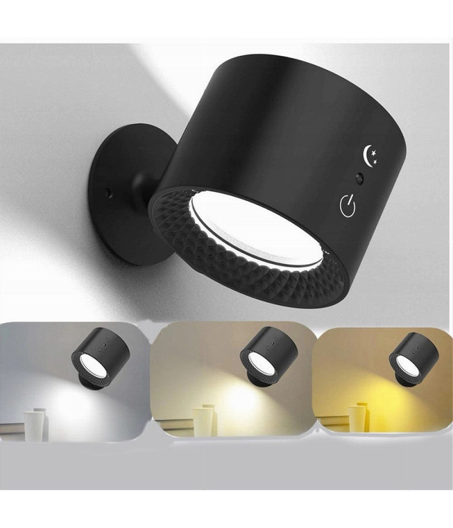 Lampada Parete Led Luce Fronte Retro Ricarica Usb 3 Colori Luce Orientabile Bd01-3c  Nero       