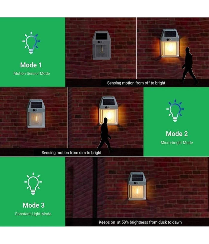 Lampada Parete Solare Sensore Movimento Luce Tungsteno Led Applique Ip65 Bianco         