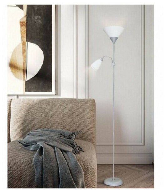 Lampada Piantana Da Terra 180cm 2 Bracci Paralume Luce Orientabile Casa Ufficio  Argento       