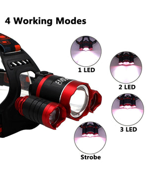 Lampada Torcia Frontale Led Ricaricabile 3 Led Cree T6 R5 Rj3000 5000 Lumen         