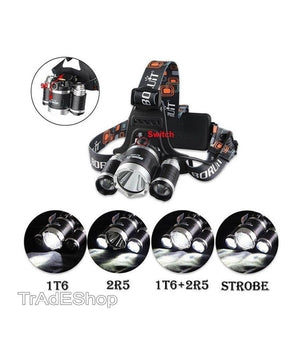 Lampada Torcia Frontale Led Ricaricabile 3 Led Cree T6 R5 Rj3000 5000 Lumen         