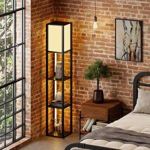 Lampada a mensola in legno con 3 strisce LED e paralume con luce e interruttore a pedale, Lampada da terra moderna con scaffali Nero-Lampade