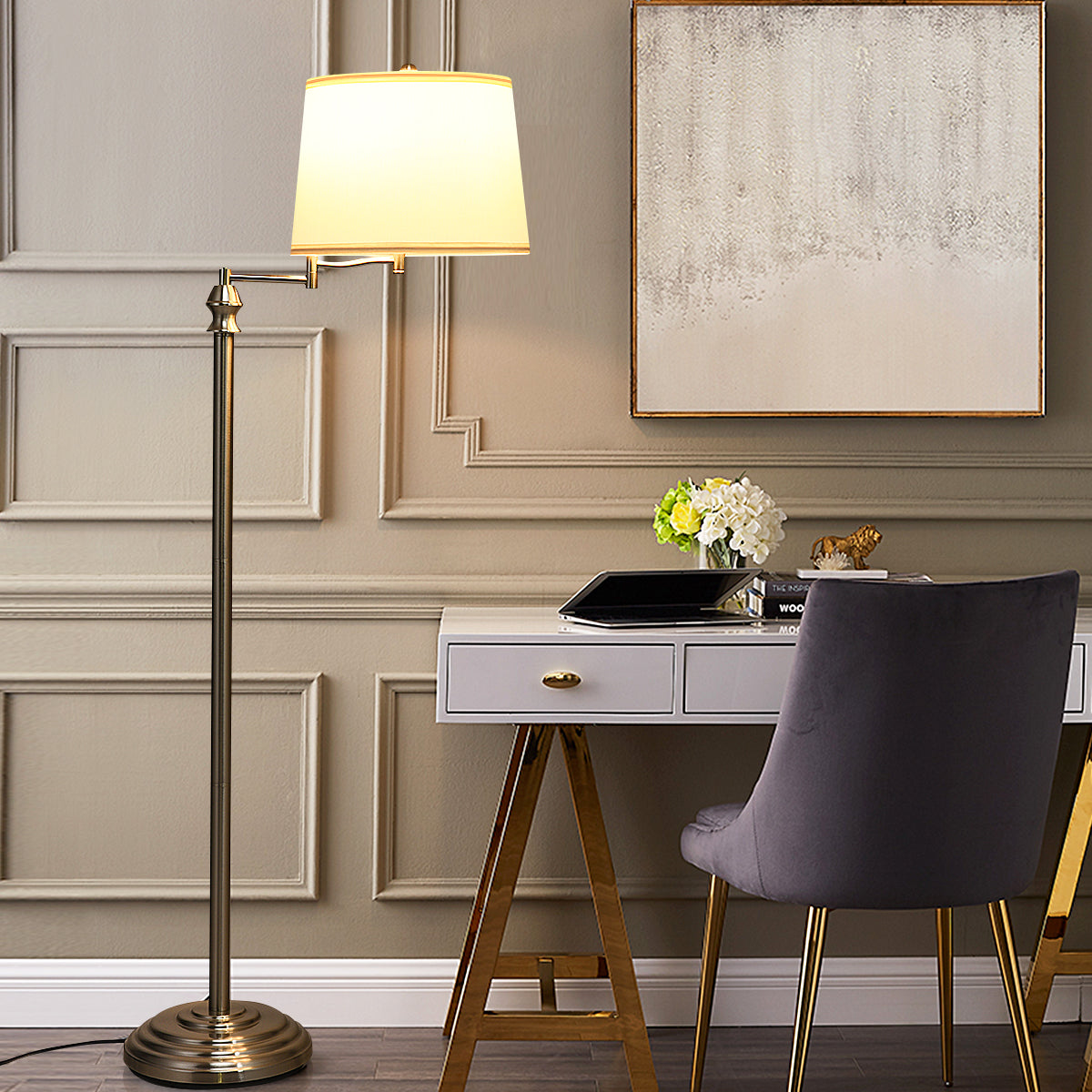 Lampada a stelo con braccio girevole e paralume in tessuto, Lampada da terra moderna per salone camera da letto-Lampade