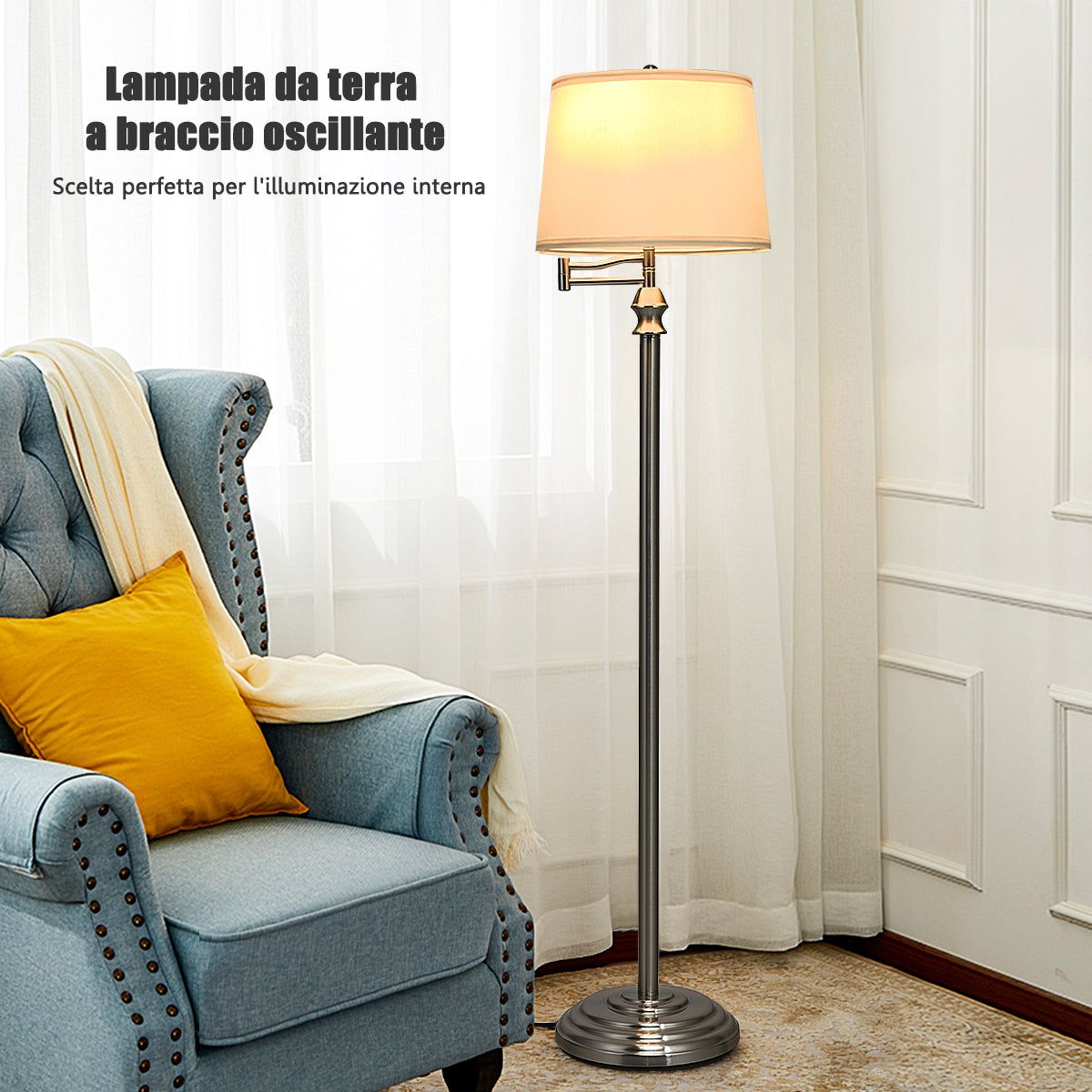 Lampada a stelo con braccio girevole e paralume in tessuto, Lampada da terra moderna per salone camera da letto-Lampade