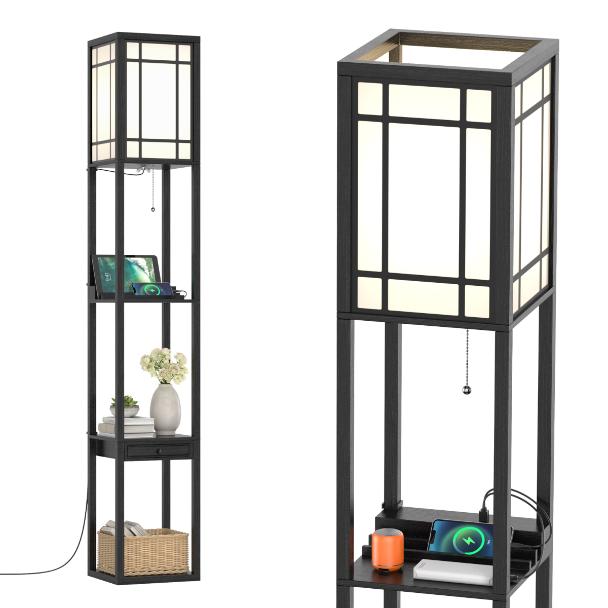 Lampada a stelo con ripiani e cassetto-MensoleLampada a piantana moderna con 2 porte USB Nera