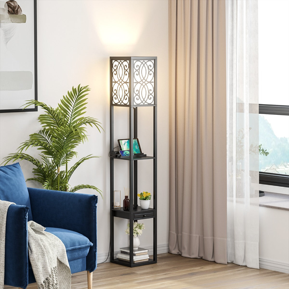 Lampada a stelo con ripiani e cassetto-MensoleLampada a piantana moderna con 1 presa elettrica 2 porte USB Nera