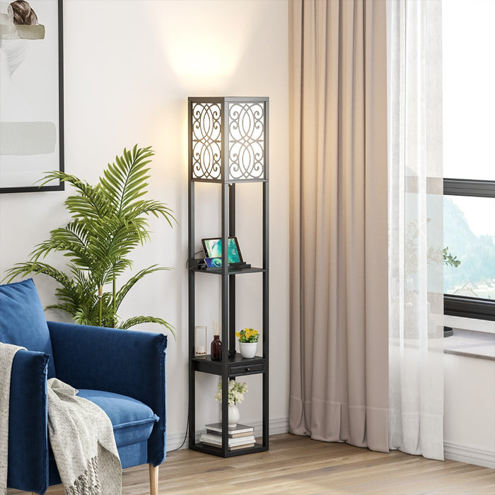 Lampada a stelo con ripiani e cassetto-MensoleLampada a piantana moderna con 1 presa elettrica 2 porte USB Nera