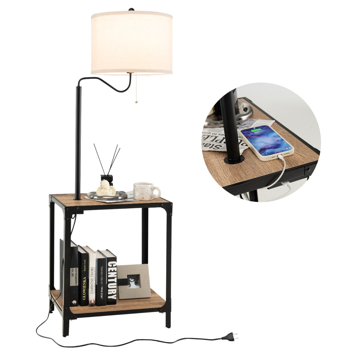 Lampada da lettura con porta USB struttura in metallo e MDF, Lampada da terra ruotabile di 360¡ã per salotto-Lampade