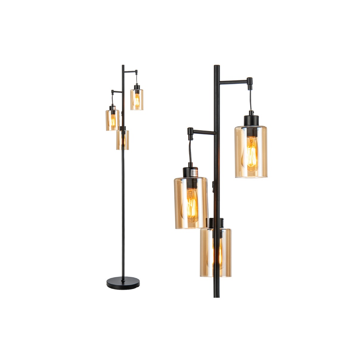 Lampada da lettura retr¨° con paralume in vetro ambrato a 3 teste sospese, Lampada da terra per soggiorno da letto Nero-Lampade