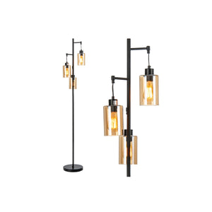 Lampada da lettura retr¨° con paralume in vetro ambrato a 3 teste sospese, Lampada da terra per soggiorno da letto Nero-Lampade