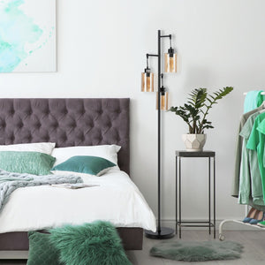 Lampada da lettura retr¨° con paralume in vetro ambrato a 3 teste sospese, Lampada da terra per soggiorno da letto Nero-Lampade