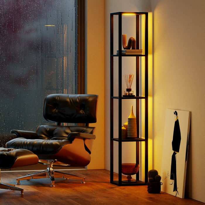 Lampada da terra con ripiani a 4 livelli e luci LED dimmerabili a 3 vie, Lampada da scaffale moderna in legno Nero-Lampade