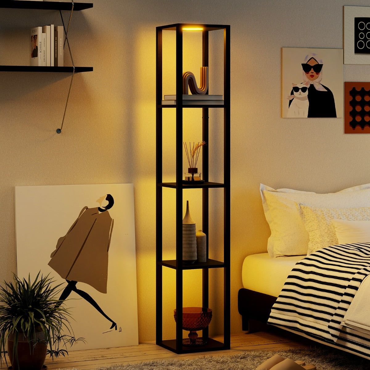 Lampada da terra con ripiani a 4 livelli e luci LED dimmerabili a 3 vie, Lampada da scaffale moderna in legno Nero-Lampade