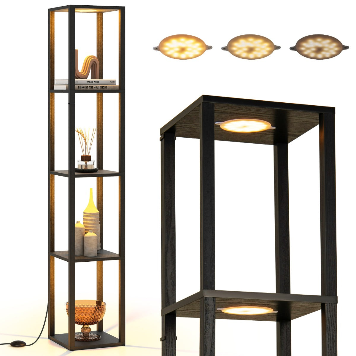 Lampada da terra con ripiani a 4 livelli e luci LED dimmerabili a 3 vie, Lampada da scaffale moderna in legno Nero-Lampade