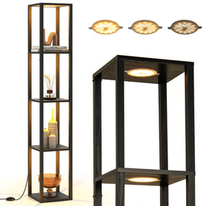 Lampada da terra con ripiani a 4 livelli e luci LED dimmerabili a 3 vie, Lampada da scaffale moderna in legno Nero-Lampade