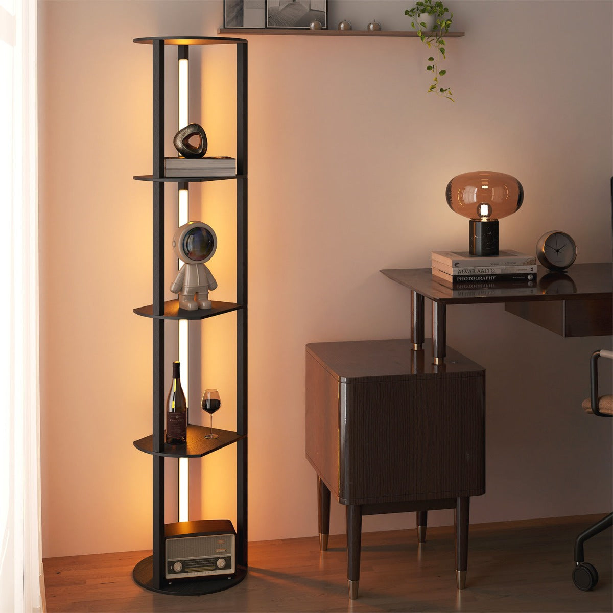 Lampada da terra con mensole scaffale indipendente in legno con 4 strisce LED ruotabili, Lampada da terra moderna con mensole Nero-Lampade
