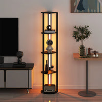 Lampada da terra con mensole scaffale indipendente in legno con 4 strisce LED ruotabili, Lampada da terra moderna con mensole Nero-Lampade