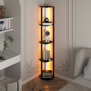 Lampada da terra con mensole scaffale indipendente in legno con 4 strisce LED ruotabili, Lampada da terra moderna con mensole Nero-Lampade