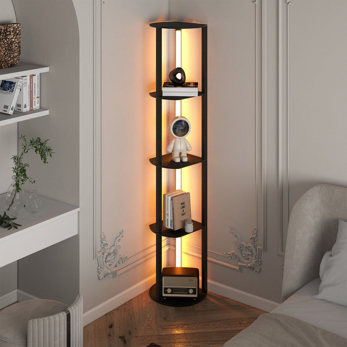 Lampada da terra con mensole scaffale indipendente in legno con 4 strisce LED ruotabili, Lampada da terra moderna con mensole Nero-Lampade