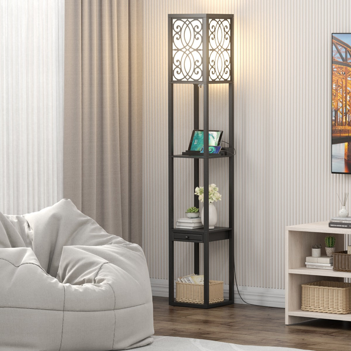 Lampada da terra con 3 ripiani e cassetto 1 presa di corrente e 2 porte USB per soggiorno e camera da letto nera 20_0006268