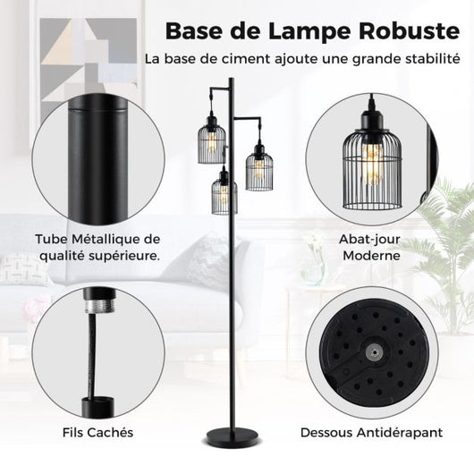 Lampada da terra moderna lampada industriale 169 cm 3 paralumi a gabbia interruttore a pedale base robusta lampada da terra alta nera 20_0008676