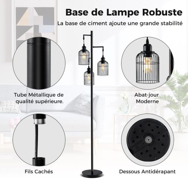 Lampada da terra moderna lampada industriale 169 cm 3 paralumi a gabbia interruttore a pedale base robusta lampada da terra alta nera 20_0008676