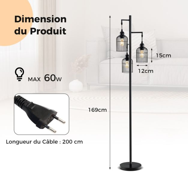 Lampada da terra moderna lampada industriale 169 cm 3 paralumi a gabbia interruttore a pedale base robusta lampada da terra alta nera 20_0008676
