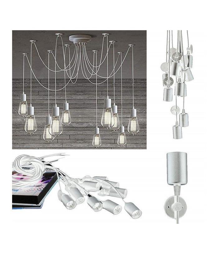 Lampadario 12 Pendenti Lampada Ragno Bianco Soffitto Sospensione Regolabili Portalampada E27         