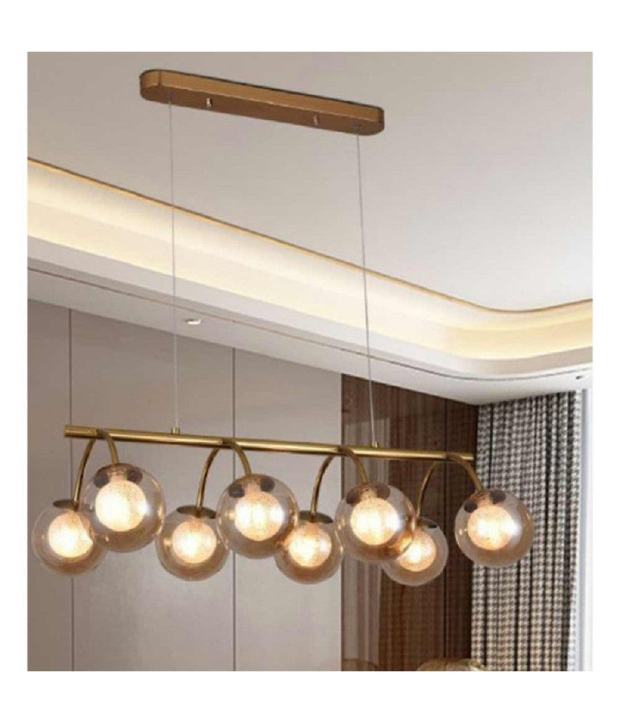 Lampadario A Sospensione 8 Sfere In Vetro Ambra Lampada Metallo Attacco G9 A04-8         