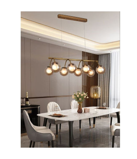 Lampadario A Sospensione 8 Sfere In Vetro Ambra Lampada Metallo Attacco G9 A04-8         