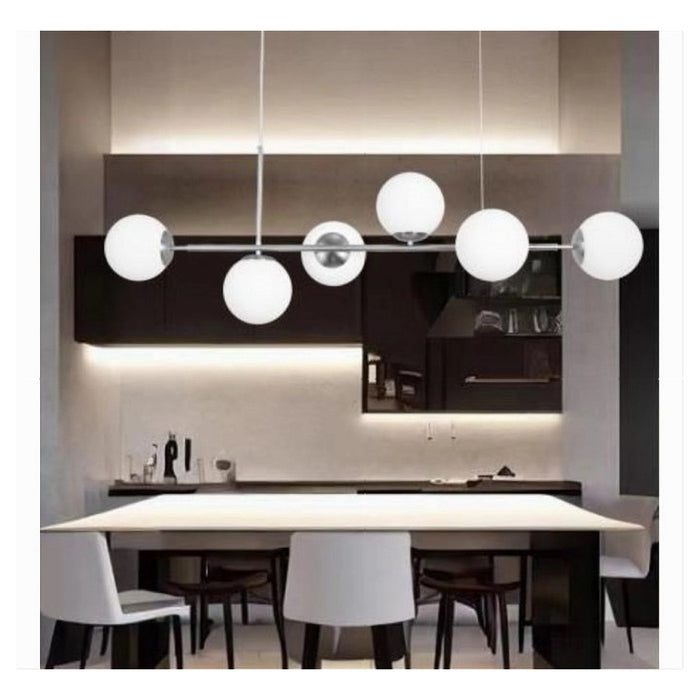 Trade Shop - Lampadario A Sospensione Argento Con 6 Sfere Bolle Bianche In Vetro Attacco G9 33733         