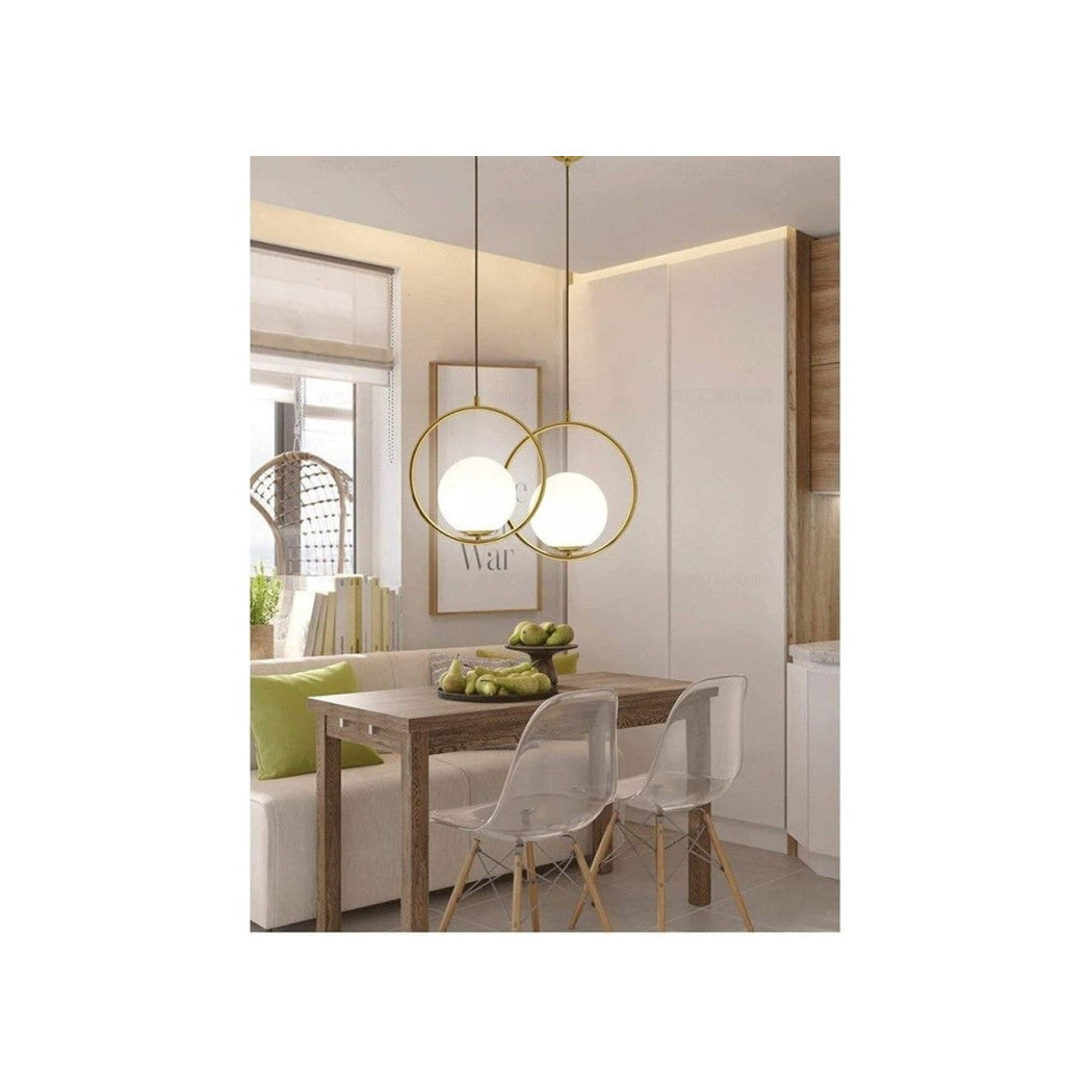 Trade Shop - Lampadario A Sospensione Cerchio Metallo Con Sfera Vetro Bianco Attacco E27 Oro 32811         