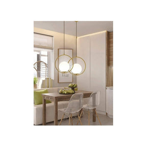 Trade Shop - Lampadario A Sospensione Cerchio Metallo Con Sfera Vetro Bianco Attacco E27 Oro 32811         