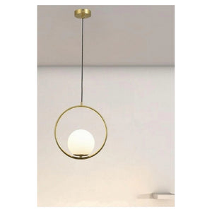 Trade Shop - Lampadario A Sospensione Cerchio Metallo Con Sfera Vetro Bianco Attacco E27 Oro 32811         