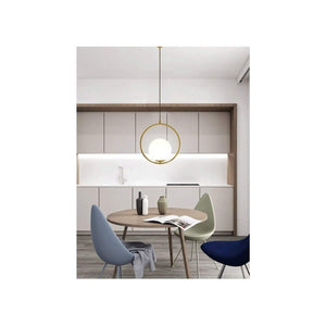 Trade Shop - Lampadario A Sospensione Cerchio Metallo Con Sfera Vetro Bianco Attacco E27 Oro 32811         