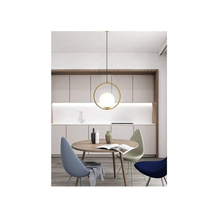 Trade Shop - Lampadario A Sospensione Cerchio Metallo Con Sfera Vetro Bianco Attacco E27 Oro 32811         