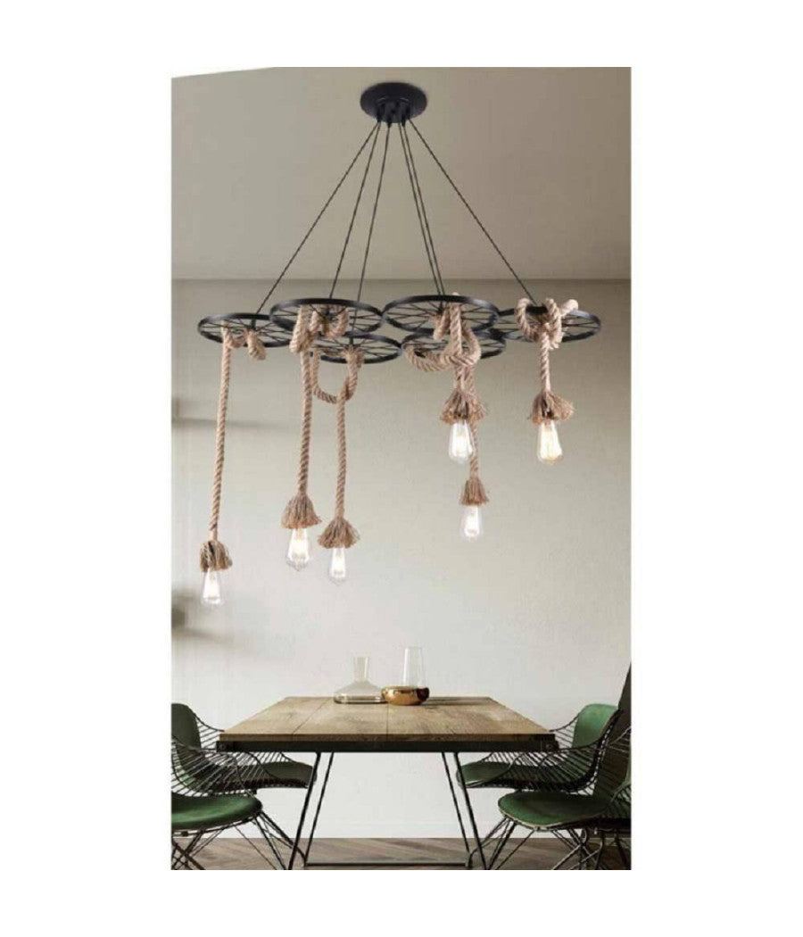Lampadario A Sospensione Con Corde Canapa 6 Portalampada E27 Retrò Country A89-6         