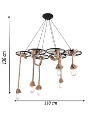Lampadario A Sospensione Con Corde Canapa 6 Portalampada E27 Retrò Country A89-6         