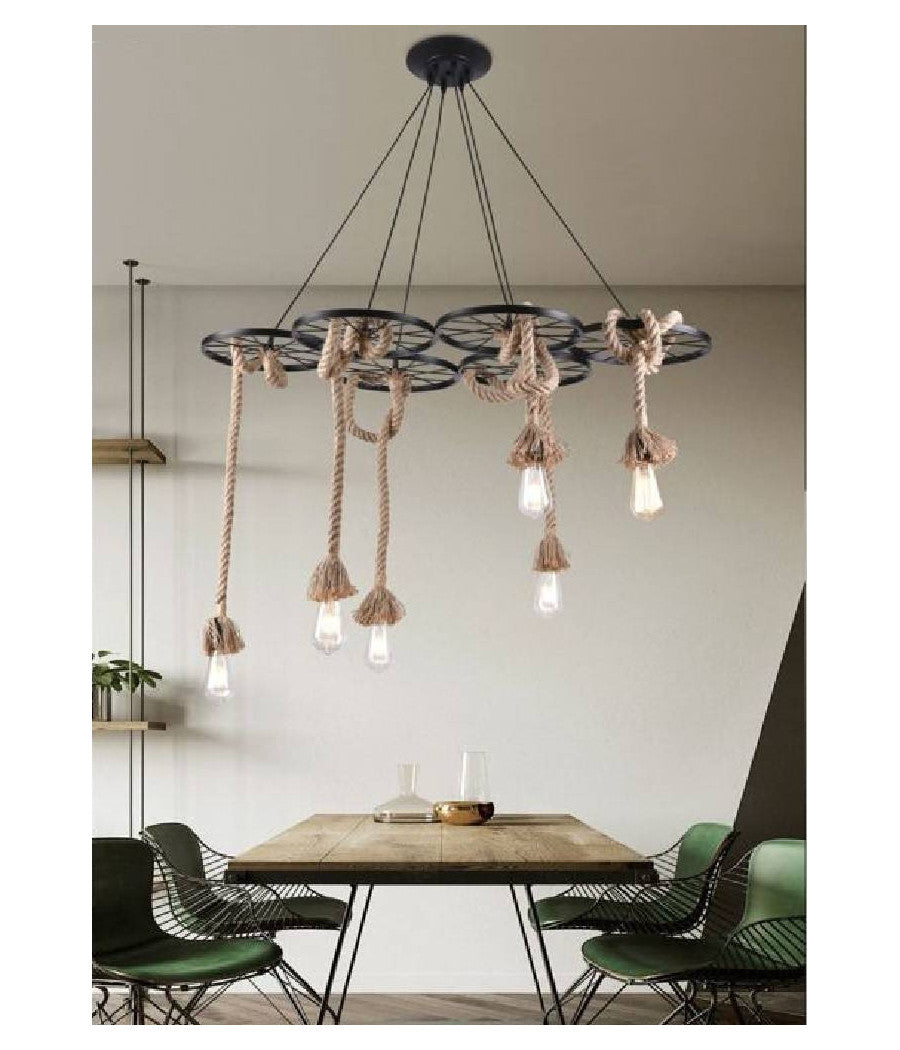 Lampadario A Sospensione Con Corde Canapa 6 Portalampada E27 Retrò Country A89-6         
