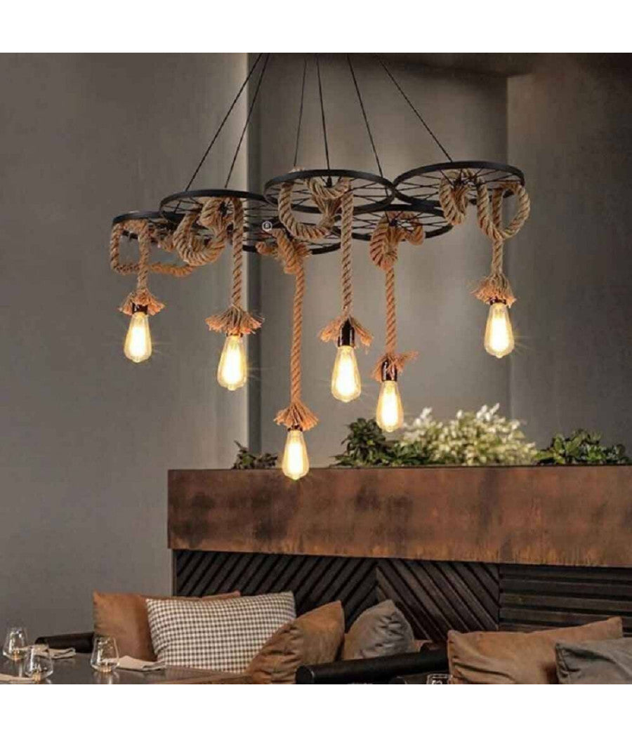 Lampadario A Sospensione Con Corde Canapa 6 Portalampada E27 Retrò Country A89-6         