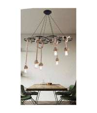 Lampadario A Sospensione Con Corde Canapa 6 Portalampada E27 Retrò Country A89-6         