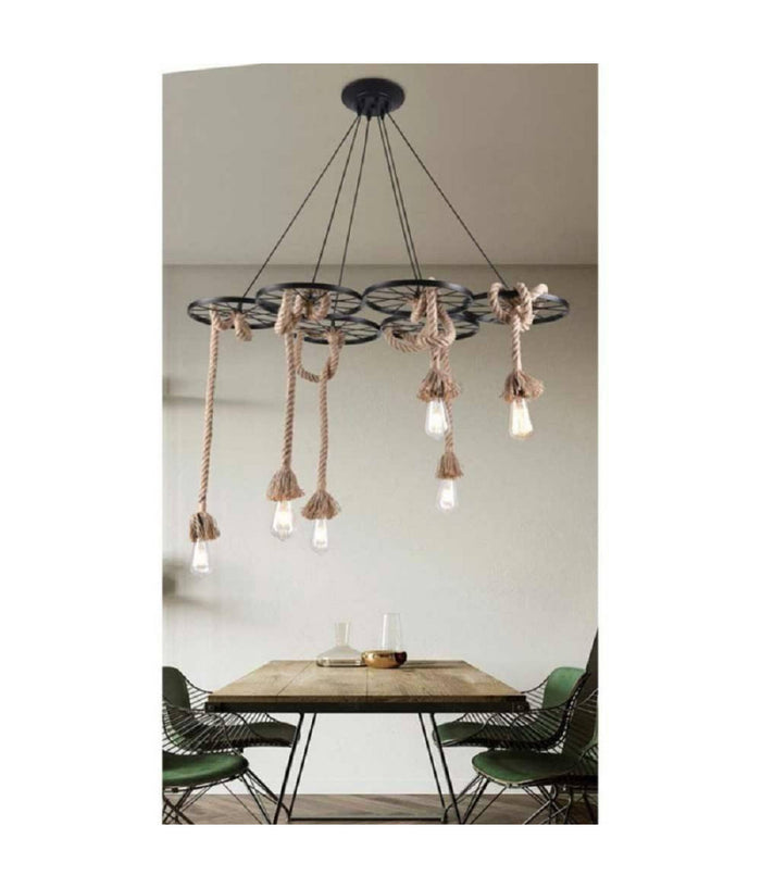 Lampadario A Sospensione Con Corde Canapa 6 Portalampada E27 Retrò Country A89-6         