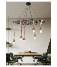 Lampadario A Sospensione Con Corde Canapa 6 Portalampada E27 Retrò Country A89-6         