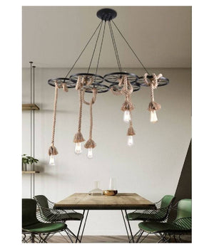 Lampadario A Sospensione Con Corde Canapa 6 Portalampada E27 Retrò Country A89-6         