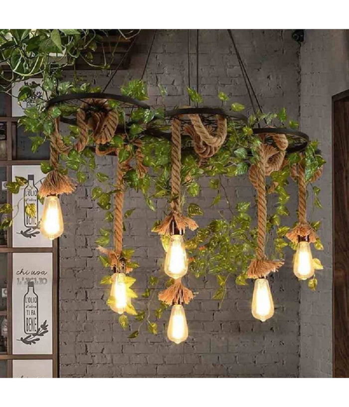 Lampadario A Sospensione Con Corde Canapa 6 Portalampada E27 Retrò Country A89-6         