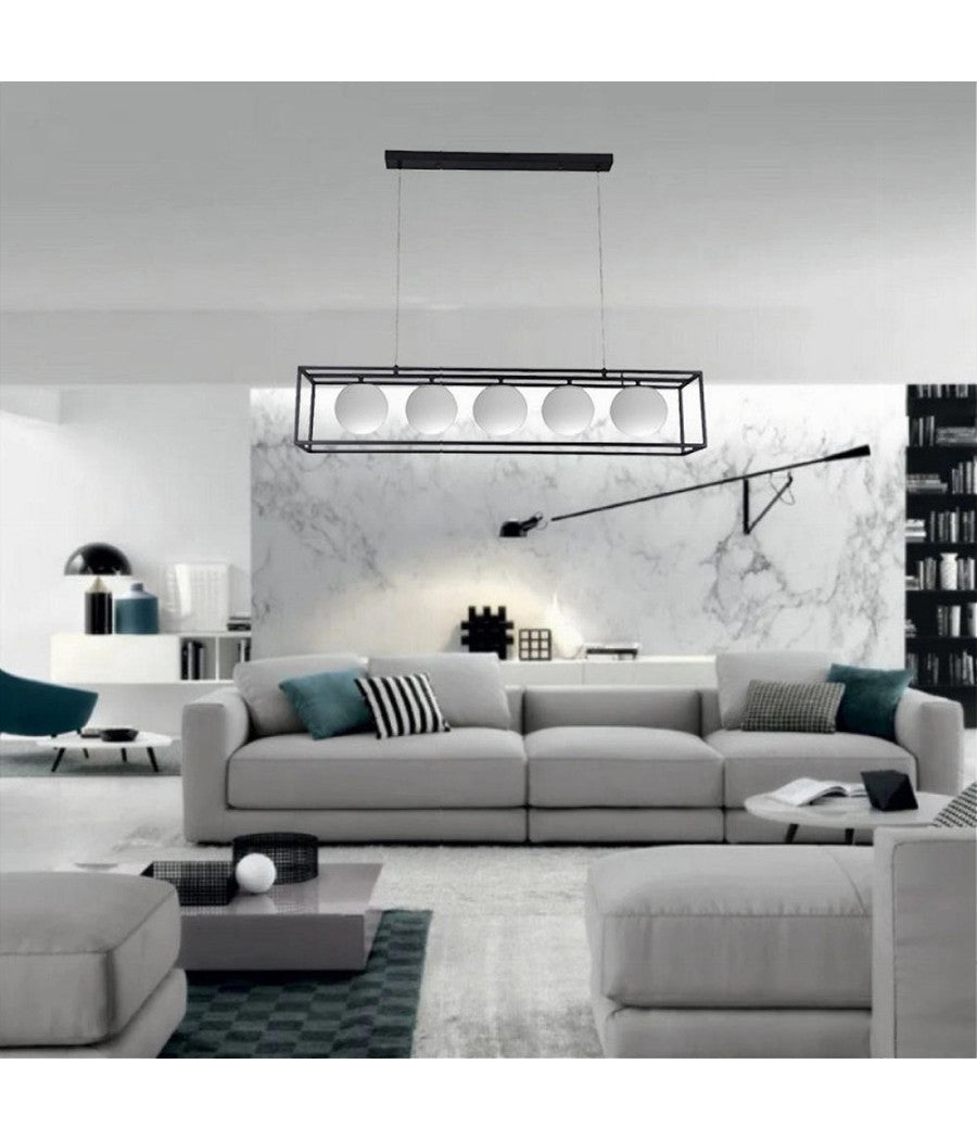 Lampadario A Sospensione Da Soffitto Contemporaneo Nero Con 5 Sfere Vetro G9 B89         