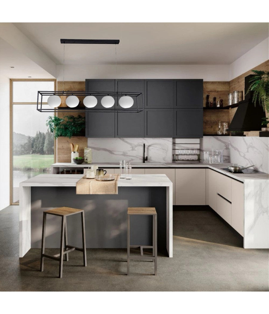 Lampadario A Sospensione Da Soffitto Contemporaneo Nero Con 5 Sfere Vetro G9 B89         