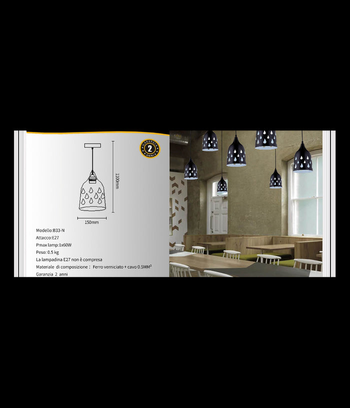 Trade Shop - Lampadario A Sospensione Da Soffitto Traforato E27 Punto Luce Bianco E Nero - Nero