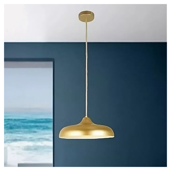 Trade Shop - Lampadario A Sospensione Design Moderno E27 Paralume Ferro Cupola Oro Bianco 33337         