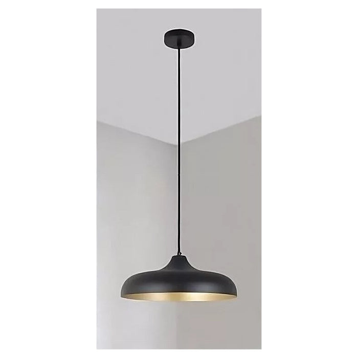 Trade Shop - Lampadario A Sospensione Design Moderno E27 Paralume In Ferro Cupola Nero Oro 33320         